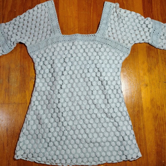 Solitaire Tops - Solitaire Knit Crochet Polka Dot Square Neck 3/4 Sleeve‎ Top Size S Gray